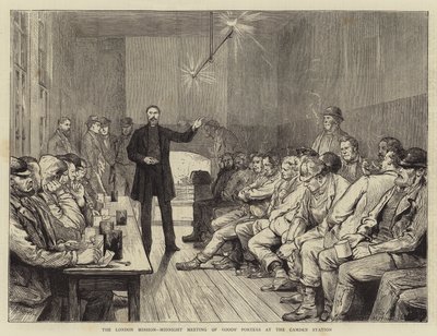 De Londense missie, middernachtelijke bijeenkomst van goederenportiers op het Camden Station door Joseph Nash